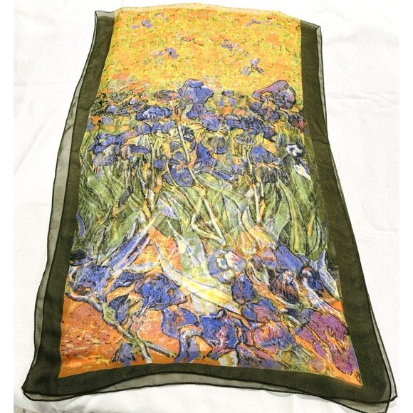 Unbranded Accessories - VTG Vincent Van Gogh Silk Scarf Irises Purple Orange Green Lightweight 60x20”